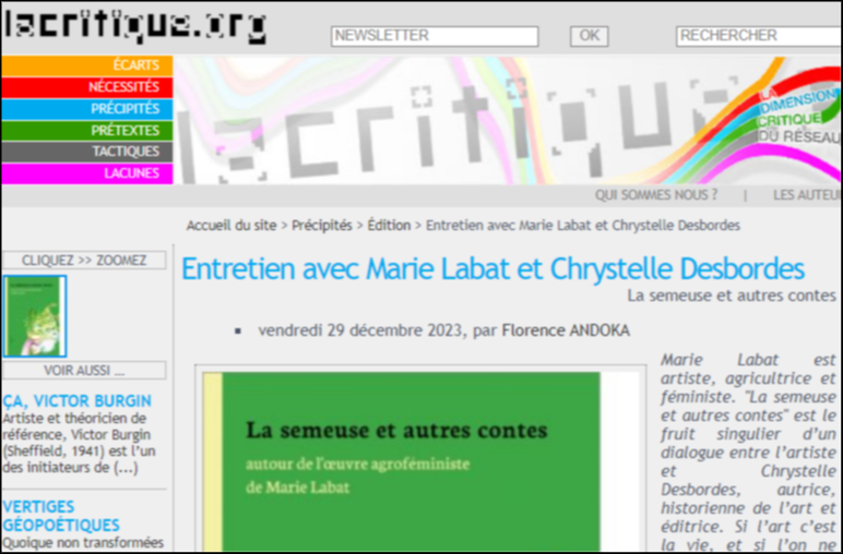 30 décembre 2023 – Interview croisée de Chrystelle Desbordes et Marie Labat dans la revue lacritique.org